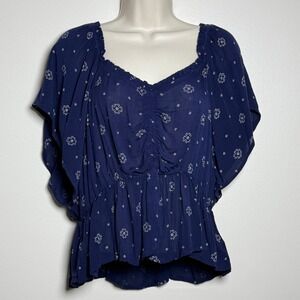 True Craft Womens Crop Knit Top 1X Blue Tribal Babydoll Sheer Boho Indie